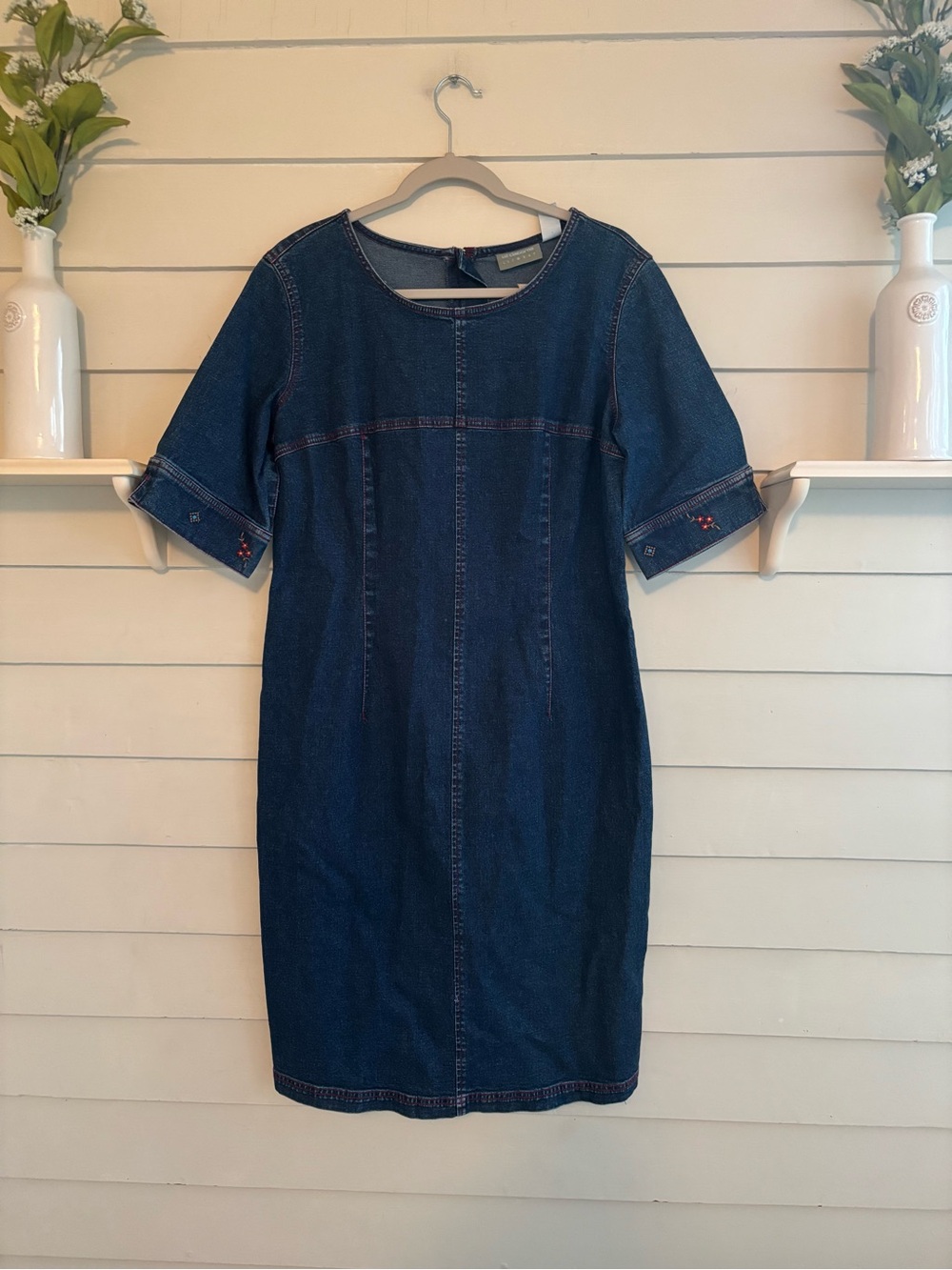 Vintage Liz Claiborne Blue Denim Floral Embroidered Dress Size 12